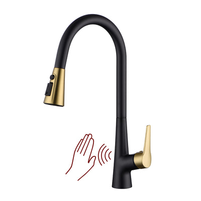 Rubinetto da cucina SUMERAIN senza contatto, monocomando, nero e oro, miscelatore con sensore di movimento e doccetta estraibile