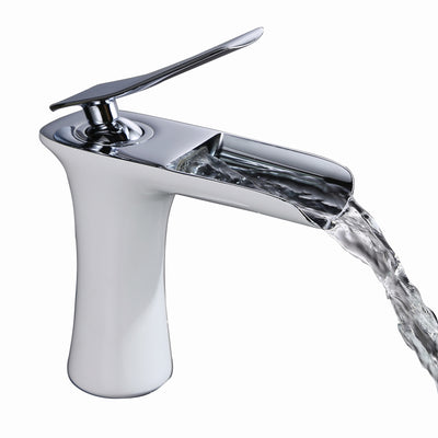 Rubinetto da bagno a cascata moderno SUMERAIN, rubinetto per lavabo contemporaneo con maniglia singola, finitura cromata e bianca