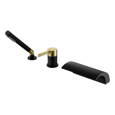 Set rubinetto per vasca a cascata da bordo SUMERAIN con doccetta portatile, rubinetto vasca stile romano a 3 fori, finitura nero e oro