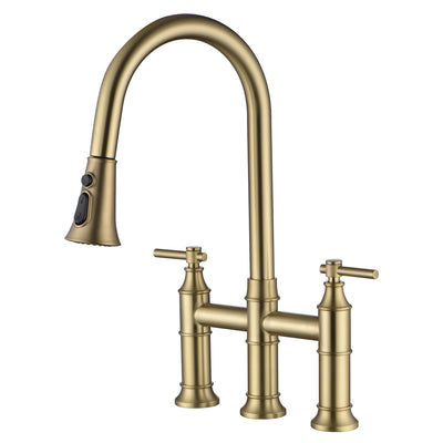 SUMERAIN Rubinetto a ponte da cucina centerset da 8 pollici con spruzzatore a discesa Rubinetto da cucina a 3 fori in acciaio inossidabile, oro spazzolato
