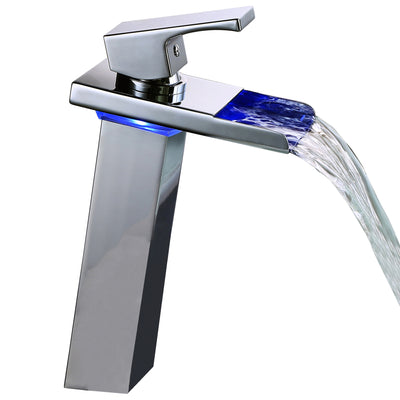 Rubinetto per bagno a cascata con LED Sumerain, cromato, maniglia singola, foro singolo, rubinetto per lavabo a vaso con cambio di 3 colori