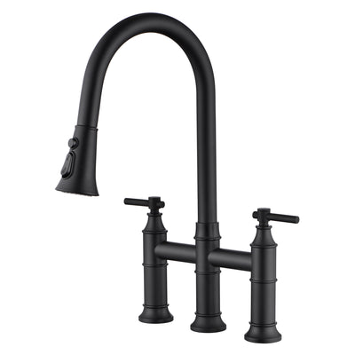 SUMERAIN Rubinetto da cucina a ponte con spruzzatore a scomparsa Nero opaco 3 fori 2 maniglie Rubinetto per lavello da cucina in acciaio inossidabile