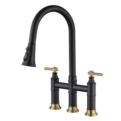 SUMERAIN Rubinetto da cucina a ponte con spruzzatore estraibile Rubinetto per lavello da cucina a 2 maniglie e 3 fori Set centrale da 8 pollici Nero e oro