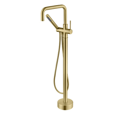 Rubinetto per vasca da bagno SUMERAIN da pavimento con doccetta, finitura oro spazzolato, miscelatore in ottone monocomando ad alto flusso