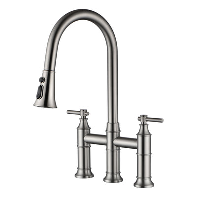 SUMERAIN Rubinetto da cucina a ponte a 2 maniglie con spruzzatore a discesa, rubinetto per lavello da cucina a 3 fori in acciaio inossidabile, nichel spazzolato