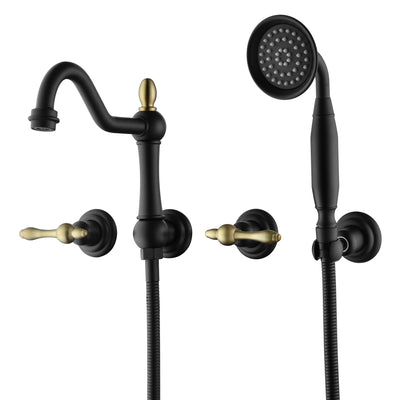 Riempitore per vasca da bagno a parete SUMERAIN ad alto flusso, rubinetto vintage per vasca con spruzzatore e valvola di installazione, finitura nero e oro