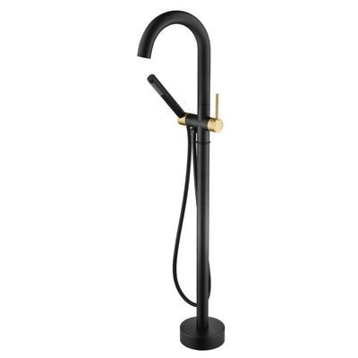 Rubinetto per vasca da bagno montato a pavimento sumerain con doccetta, flusso elevato, freestanding con beccuccio a collo d’oca girevole a 360°, nero e oro