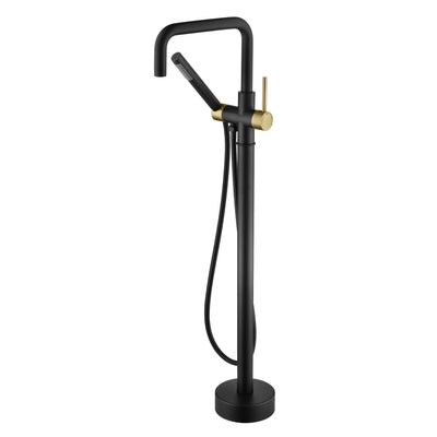 Rubinetto per vasca da bagno freestanding sumerain, montaggio a pavimento, nero e oro, miscelatore monocomando con doccetta