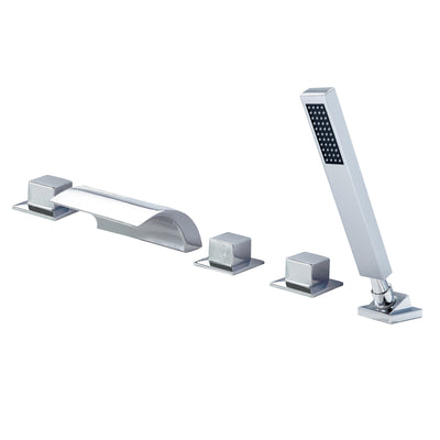 Set rubinetto per vasca a cascata romano moderno SUMERAIN, montaggio su bordo con 3 manopole e doccetta