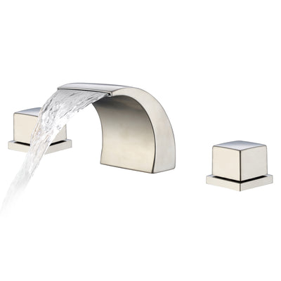 Rubinetto per bagno a tre fori Sumerain a cascata moderna con manopole doppie, costruzione in ottone massiccio e acciaio inox, montaggio su piano, finitura nichel spazzolato