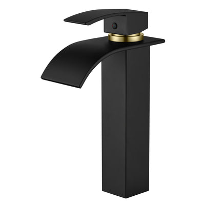 Rubinetto a cascata per lavabo a vaso da bagno SUMERAIN, nero e oro, foro singolo, miscelatore alto moderno per lavabo