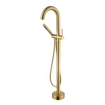 Rubinetto per vasca da bagno freestanding in ottone sumerain con doccetta, flusso elevato, finitura oro spazzolato, montaggio a pavimento con beccuccio girevole