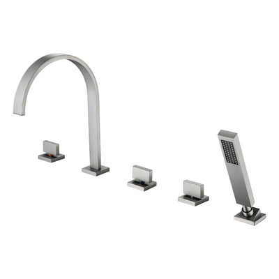 Rubinetto per vasca romana a 5 fori SUMERAIN, finitura nichel spazzolato, rubinetto moderno a tre maniglie a cascata con doccetta, alto flusso