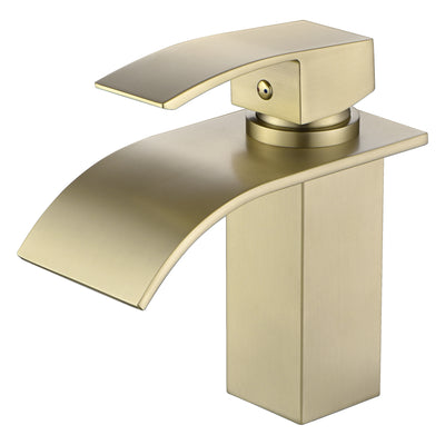 Rubinetto a cascata per lavabo da bagno SUMERAIN in acciaio inox senza piombo, miscelatore monocomando con foro singolo, finitura oro spazzolato