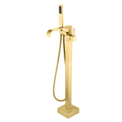 Rubinetto per vasca da bagno indipendente SUMERAIN in oro spazzolato con doccetta, moderno miscelatore a cascata in ottone da pavimento, alto flusso