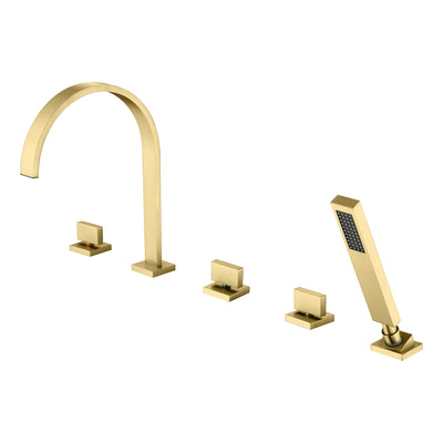 Rubinetto per vasca romana a 5 fori SUMERAIN, finitura oro spazzolato, rubinetto a cascata di lusso con 3 manopole e doccetta, alto flusso
