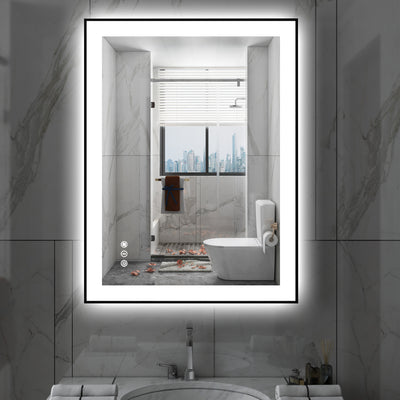 Specchio da bagno LED intelligente antiappannamento Sumerain 28"x36" con luci, specchio da parete nero con luce frontale e retroilluminazione, 3 temperature di colore, dimmerabile senza gradini