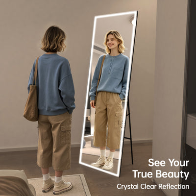 Specchio a figura intera da terra Sumerain 75"x28" con LED grandi, luce dimmerabile senza gradini, illuminazione a 3 colori, specchio a figura intera da parete per camera da letto, camerino, guardaroba, vetro temperato