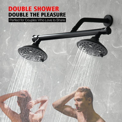 sumerain Matte Black Dual Shower Head Set with 20" Long Shower Arm,Enjoy High Pressure 6 Setting Rain Shower Separately or Together