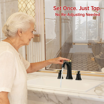 Rubinetto bagno Sumerain a 3 fori, moderno rubinetto lavabo in ottone massiccio con doppia modalità di spruzzo, funzione memoria temperatura, nero e oro