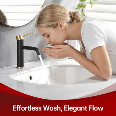 Rubinetto moderno per lavabo da bagno SUMERAIN con maniglia singola, acciaio inossidabile, foro singolo, nero e oro