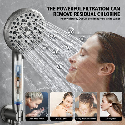 Testa doccia con filtro sumerain per acqua dura - 9 modalità di spruzzo, filtro vitamina C e KDF, tecnologia anticalcare senza sale, filtro doccia ad alta pressione in nichel spazzolato