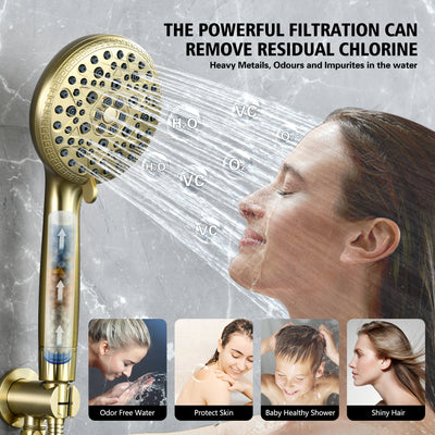 Testa doccia filtrata sumerain con filtro per acqua dura - 9 modalità di spruzzo, blocco anticalcare FOF e vitamina C per la cura della pelle, cartuccia sostituibile ogni 3 mesi per California/Texas/Illinois, oro spazzolato