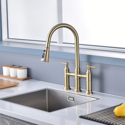 SUMERAIN Rubinetto a ponte da cucina centerset da 8 pollici con spruzzatore a discesa Rubinetto da cucina a 3 fori in acciaio inossidabile, oro spazzolato