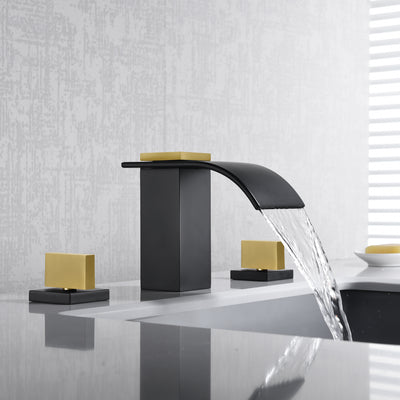 SUMERAIN Rubinetto da bagno diffuso da 8 pollici Rubinetto per lavabo a cascata a 3 fori Finitura nera e oro