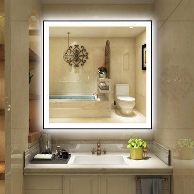 Specchio da bagno LED Sumerain 36 x 36 pollici con luci, specchio trucco intelligente dimmerabile da parete con cornice in alluminio nero, 3 temperature di colore, antiappannamento