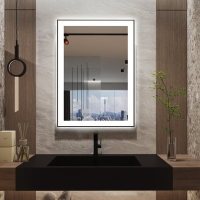 Specchio da bagno LED Sumerain 20 x 28 pollici con cornice, specchio trucco illuminato con luce frontale e posteriore, specchio da parete dimmerabile antiappannamento con 3 temperature di colore, funzione memoria e vetro temperato