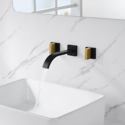 SUMERAIN Rubinetto a Parete per Lavabo Bagno Finitura Nera e Oro, Rubinetto per Lavabo con Due Maniglie e Valvola Grezza