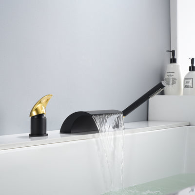 SUMERAIN Rubinetto per vasca romana a cascata Rubinetto per vasca da piano Rubinetto per vasca in ottone con doccetta, Finitura nera e oro