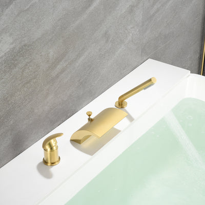 Sumerain Rubinetto per vasca romana a 3 fori con doccetta, rubinetto per vasca a cascata con maniglia singola ad alto flusso, finitura oro spazzolato
