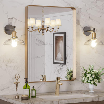 Specchio da bagno da parete Sumerain, cornice oro rettangolare arrotondata, specchio per mobile bagno antiruggine, da appendere orizzontalmente o verticalmente