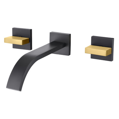 SUMERAIN Rubinetto a Parete per Lavabo Bagno Finitura Nera e Oro, Rubinetto per Lavabo con Due Maniglie e Valvola Grezza