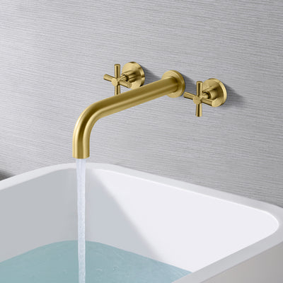 SUMERAIN Rubinetto per vasca Montaggio a parete Rubinetto per vasca ad alto flusso Rubinetto per vasca da bagno in oro spazzolato con valvola grezza, due maniglie a croce