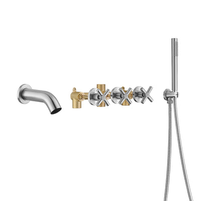 Rubinetto per vasca con montaggio a parete a 3 maniglie con spruzzatore, rubinetto per vasca a cascata in nichel spazzolato