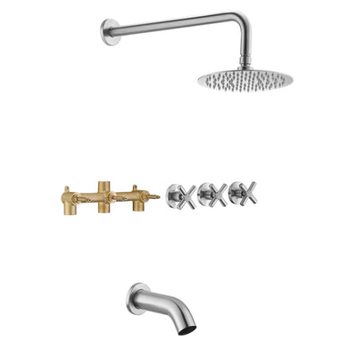 Set rubinetto per vasca e doccia in nichel spazzolato con tripla maniglia con valvola e beccuccio per vasca a cascata