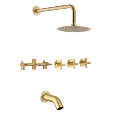Set di rubinetti per vasca e doccia in oro spazzolato a 3 maniglie con beccuccio per vasca a cascata