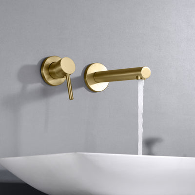 Sumerain Rubinetto da bagno Montaggio a parete Mancino Maniglia singola Rubinetto per lavabo Rubinetto per lavabo con valvola ruvida inclusa Oro spazzolato