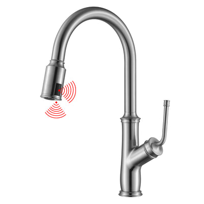 Rubinetto da cucina senza contatto con spruzzatore estraibile, finitura in nichel spazzolato