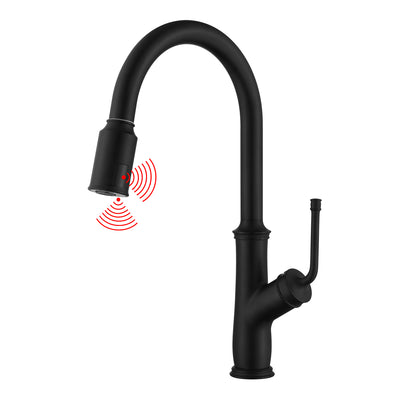 Rubinetto da cucina touchless nero con spruzzatore a discesa, due sensori attivati ​​dal movimento