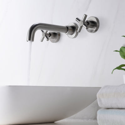 Rubinetto da bagno con montaggio a parete in nichel, maniglie a croce e valvola grezza incluse