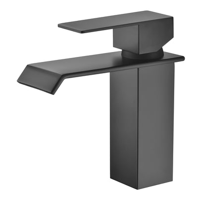 Rubinetto per bagno a cascata nero con maniglia singola a foro singolo, design moderno