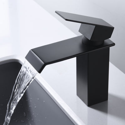 Rubinetto per bagno a cascata nero con maniglia singola a foro singolo, design moderno