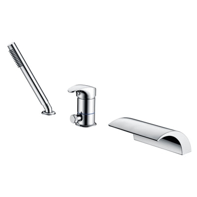 Rubinetto per vasca romana a cascata a 3 fori Rubinetto per vasca da bagno con montaggio su ponte con doccetta Finitura cromata