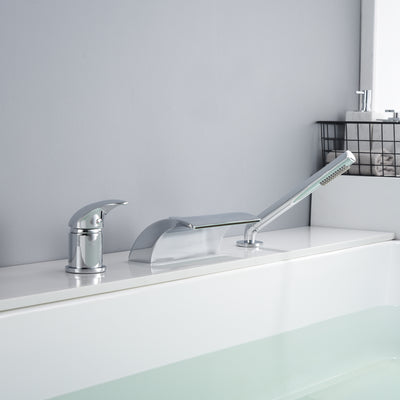 Rubinetto per vasca da bagno romano a cascata con montaggio su piano con maniglia singola e doccetta, finitura cromata