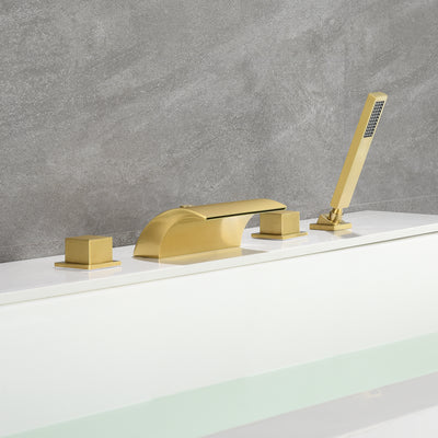 Rubinetto per vasca con deviatore per montaggio su ponte, beccuccio per vasca a cascata ad alto flusso con doccetta Finitura oro spazzolato