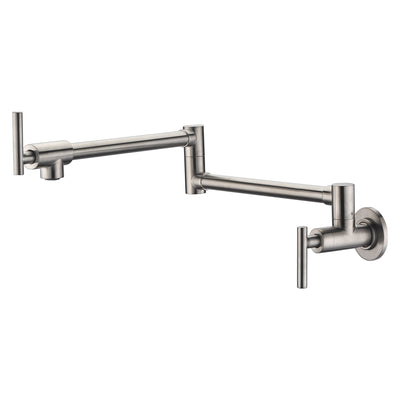 Montaggio a parete del rubinetto riempitivo per pentole, finitura in nichel spazzolato e design a doppio giunto oscillante
